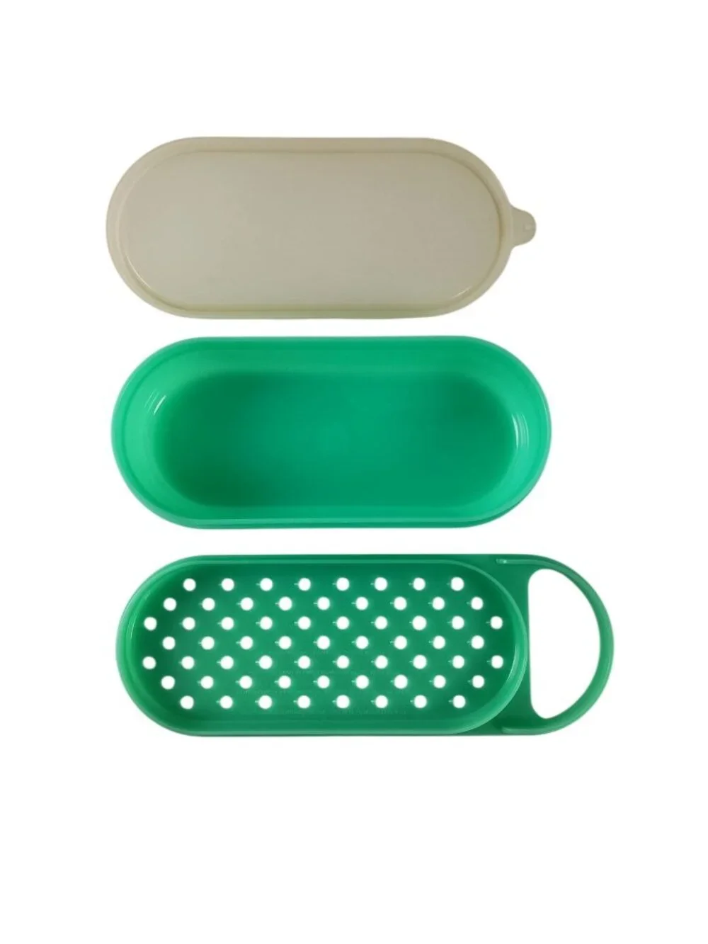 Tupperware 3 Piece Set 1375-6 -7 small green oval container with lid, Grater